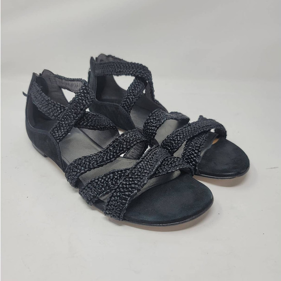 Stuart Weitzman Sandals Size 8.5M Open Toe Braided Strappy Back Zip Flat Black - Picture 1 of 6